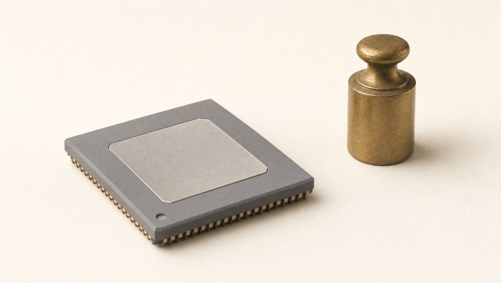 A processor package beside a brass calibration weight