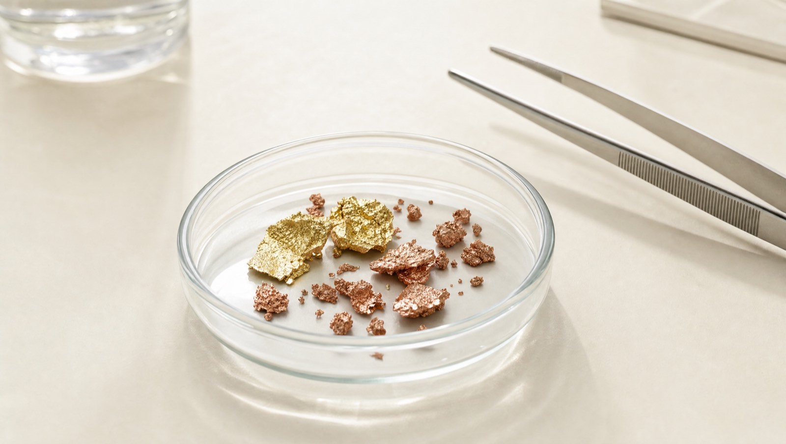 Recovered copper and gold fragments in a glass dish