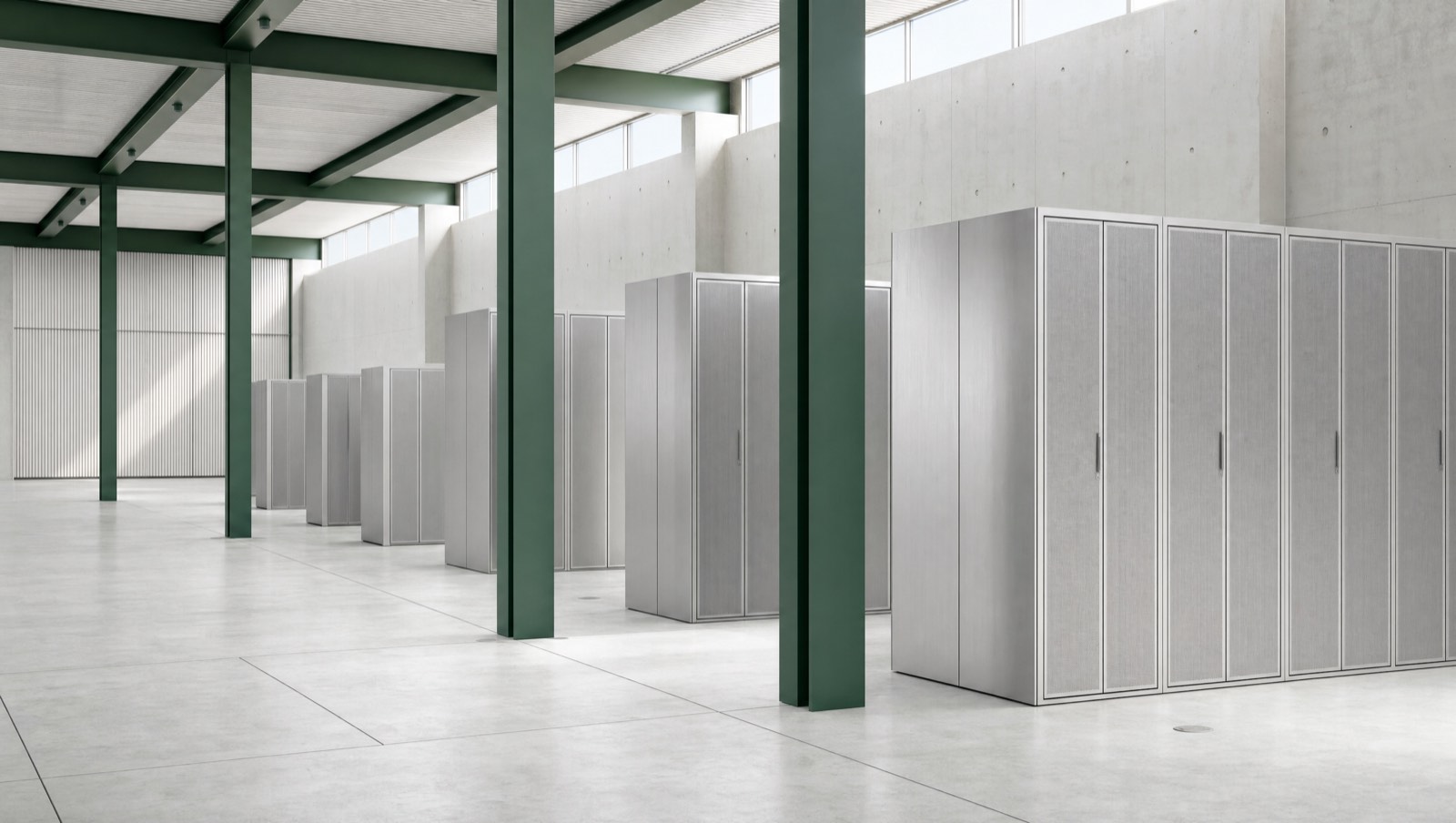A daylit research computing hall with green structural columns